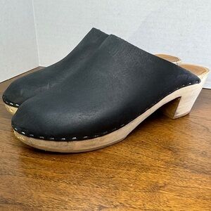 BRYR Black Leather Wood Heeled Clogs, sz 8 / 38